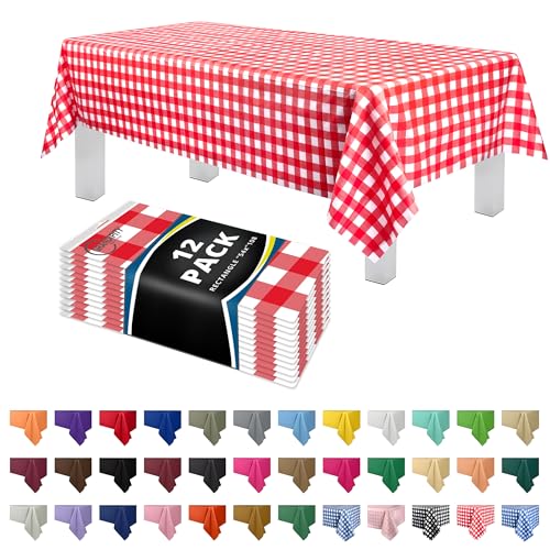Grandipity Plastic Table Cloth Disposable 12 Pack 54” x 108” Rectangle | Red Gingham Plastic table covers, durable disposable tablecloths, fade and tear-resistent table cover for party, event - color: Red Gingham Checkered, size: 54in. x 108in. Rectangle