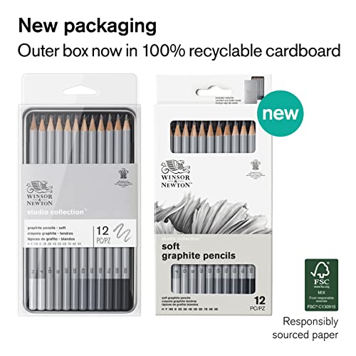 Winsor & Newton Studio Collection, Graphite Pencils, Set of 12 | Soft, Thick Core pencils, Varied Hardness, Soft Smooth Texture, Easy Blending, Stylish Metal Tin Included, High Quality Lead - style: 12 Graphite Pencils
