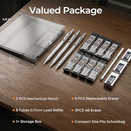Nicpro 0.7mm Metal Mechanical Pencil Set with Case | 3PCS MP1000 0.7 Lead Pencil With 8 Tube HB Refills, 3 Erasers & 9 Refill For Artist Drafting Drawing Engineering Sketching - color: Silver, style: 0.7 MM