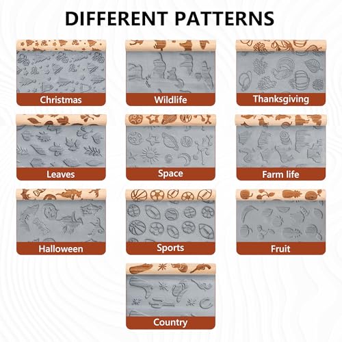 10pcs Wooden Clay Texture Rollers Set for Pottery & Ceramics - Popular Patterns - Potters Stamp Roller Tools for Ceramic Slabs - Textured Rolling Modeling Pins (0.63" x 5" inch) - color: Fun Activity