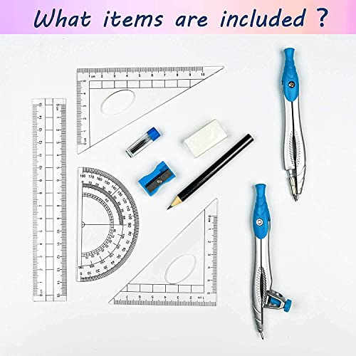 Geometry Set,10 Pcs Protractor and Compass Set, Math and Ruler Set for Students, Class Supplies, and School - Essential Compass Geometry Tools for Precision and Quality (Blue)