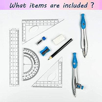 Geometry Set,10 Pcs Protractor and Compass Set, Math and Ruler Set for Students, Class Supplies, and School - Essential Compass Geometry Tools for Precision and Quality (Blue)