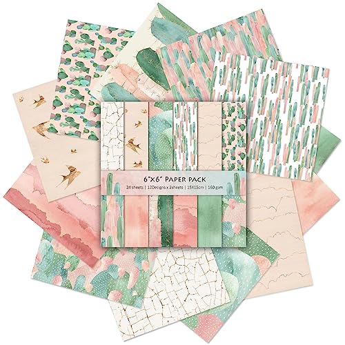 Scrapbook Paper, 24 Sheets 6"×6" 160gsm Single-Sided Patterned Cardstock - color: 24 sheets-cactus