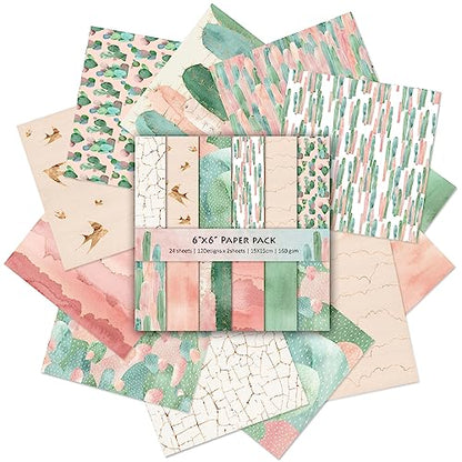 Scrapbook Paper, 24 Sheets 6"×6" 160gsm Single-Sided Patterned Cardstock - color: 24 sheets-cactus