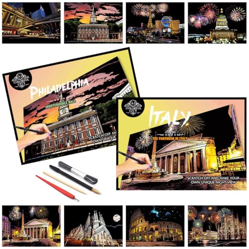 Iskueal Scratch Art for Adults(8 Sheets A4),Family Creative DIY Painting Papers for Travel Lovers,Craft Lovers|Creative Scratch Art Adult (Philadelphia/Italy) - color: (Philadelphia/Italy)