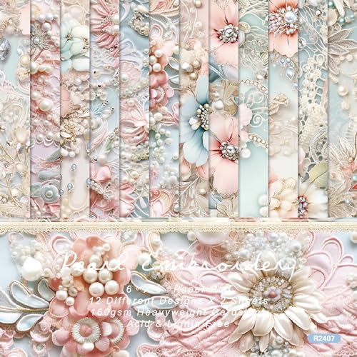 6x6 Scrapbook Paper Pad - Pearl Embroidery 160gsm Heavyweight Cardstock, 24 Pcs Luxury Lace Texture Decorative Paper for Wedding Scrapbooking & DIY Crafts - color: R2407 - 6×6