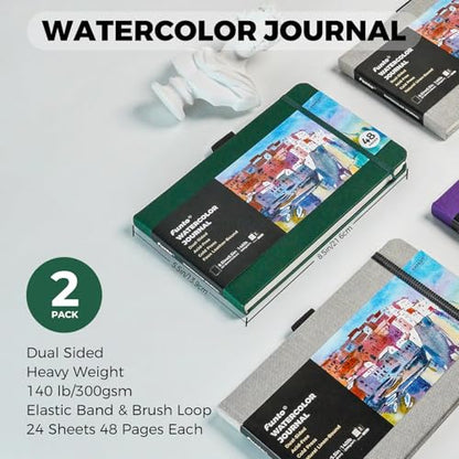 Funto Watercolor Journal, 8.5x5.5, 2 Pack, 48 Pages Each, Green Leather Cover, Cold-Pressed, Inner Paper Pocket, Art Supplies for Mixed Media - color: Green-Leather-8.5 x 5.5