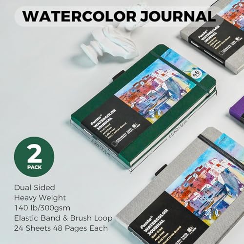 Funto Watercolor Journal, 8.5x5.5, 2 Pack, 48 Pages Each, Green Leather Cover, Cold-Pressed, Inner Paper Pocket, Art Supplies for Mixed Media - color: Green-Leather-8.5 x 5.5