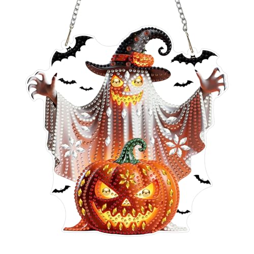 CEOVR Halloween Ghost Hanging Diamond Art for Adults, Ghost Pumpkin Diamond Painting Pendant, DIY Special Shape Gem Art Window Ornament, Acrylic Home Wall Decor with Chain, Box Kit 7.48×7.87inch - color: 12-Ghost