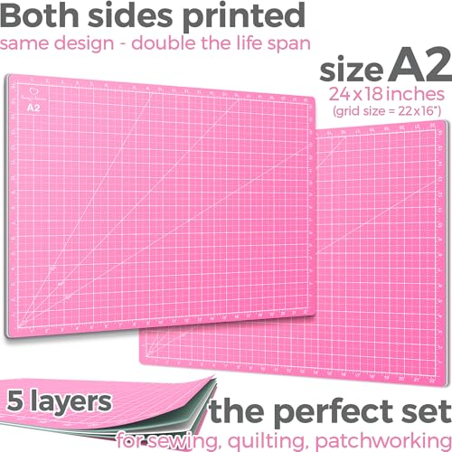 Rotary Cutter Set pink - Quilting Kit incl. 45mm Rotary Cutter, 5 Replacement Blades, A2 Cutting Mat, Acrylic Ruler and Craft Clips - Ideal for Crafting, Sewing, Patchworking, Crochet & Knitting - color: Pink, size: A2 (24" x 18")