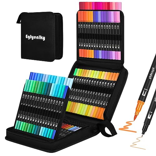 Eglyenlky Dual Brush Pens, Markers for Adult Coloring Book,100 Water Colors - color: 100 Colors-Cloth Bag
