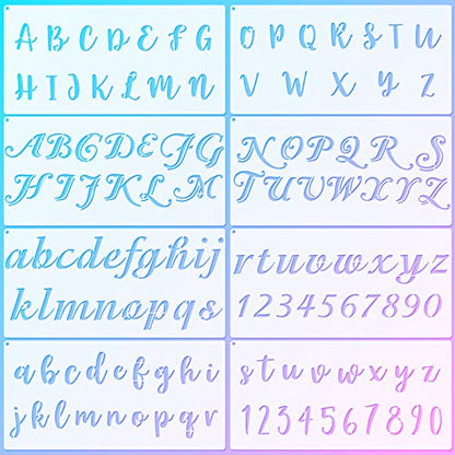 8 Pieces Calligraphy Letter Number Stencil Reusable Template Cursive Alphabet Cake Stencils with Metal Open Ring for Cake Airbrush Art and Craft Painting (7.8 x 3.9 Inch)