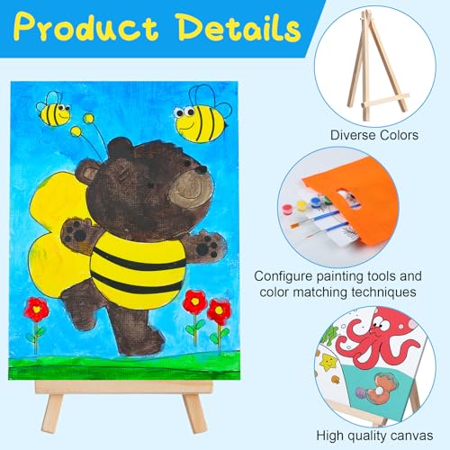 Tenceur 48 Pcs Kids Paint Party Favors Sets with 12 Pcs Animals Oceans Pre Drawn Canvas Panel and Wooden Easel Set Paint Pots and Brushes 12 Mini Apron and Tote Bag for Kids Girls Student Boys - style: Fresh