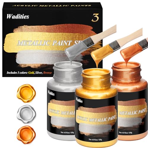 Acrylic Paint Metallic, 3pcs 13.5oz(375g) Gold & Silver & Bronze Leaf Paint | Gold Leaf Paint for Art Painting, Ideal for Canvas, Wood, Clay, Fabric, Ceramic, Stone, Glass Craft Supplies