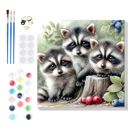 Bowetile Baby Raccoons Paint by Numbers Kit for Adults, Framed Painting by Numbers Animals, Adults' Paint-by-Number Kits on Canvas, Acrylic Number Painting for Nursery Home Wall Decor, 8x8in - color: Raccoons