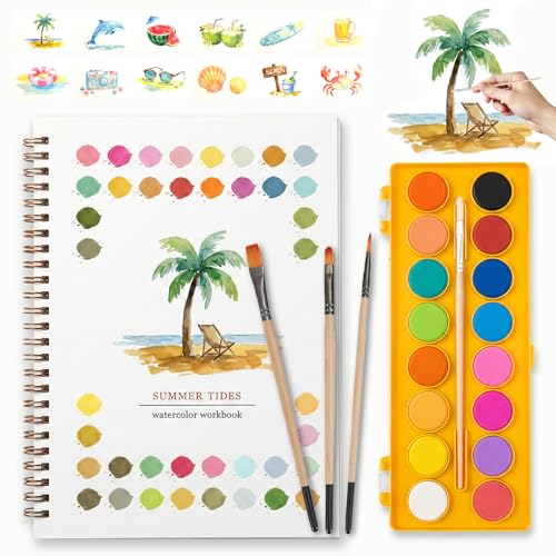 Easy Watercolor Painting Kit，Watercolor Workbook For Beginners | 16 Colors Water Color Workbook with 3 Brushes, Water Coloring Book Gift For Women And Kids. - color: SUMMER TIDES