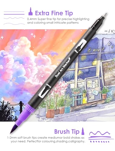 60 Colors Dual Tip Watercolor Markers Pens for School Supplies-Brush & Fine | Coloring Markers No Bleeding for Adult Coloring Books Calligraphy Card Making Sketching Journaling Note Taking Planner Travel