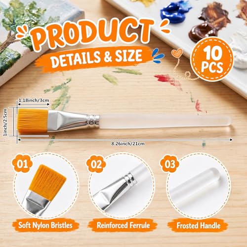 10 PCS Flat Paint Brushes, 1 Inch Acrylic Paint Brushes with Frosted Clear Acrylic Handles, Large Paint Brush Set for Acrylic, Oil, Watercolor, Gouache, Body Painting, Crafts, Rock Painting - color: 10 Pcs