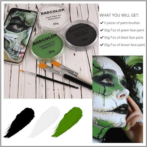 White Black Green Face Body Paint with Painting Brushes Halloween Makeup Set, Water Based Facepaint for Kids Adults Party for Witch Shrek Alien Grinch Hulk Costume Cosplay Special Effects Make Up - color: Black+White+Green+3Pcs Brushes