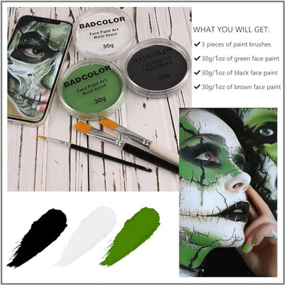 White Black Green Face Body Paint with Painting Brushes Halloween Makeup Set, Water Based Facepaint for Kids Adults Party for Witch Shrek Alien Grinch Hulk Costume Cosplay Special Effects Make Up - color: Black+White+Green+3Pcs Brushes