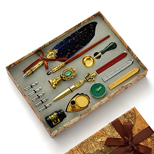 Joyeee Glittering Quill Pen Ink Set, 16 Piece Antique Dip Feather Pen Set with Sealing Wax Stamp Kit, Christmas Gift Box for Him Writing, Drawing & Home Desk Retro Decoration Set #86 - color: #86 Blute