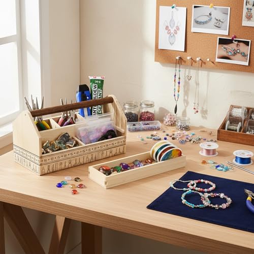 Ikee Design Small Wood Craft Tool Box Caddy with a Handle for Storage - color: Natural with Pattern