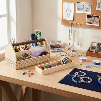 Ikee Design Small Wood Craft Tool Box Caddy with a Handle for Storage - color: Natural with Pattern