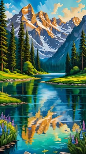 ARTGOTO Mountain Lake Diamond Painting Kit for Adults 15.7 x 27.5 Inch | Large 5D Full Square Drill Diamond Art Kit, Snow Mountain Lake DIY Gem Art Canvas with 2 Tool Sets, 30% Extra Diamonds - color: AGT013