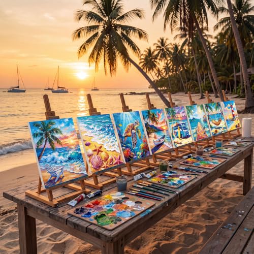 Cholemy 36 Pcs Paint and Sip Kit Gift for Adults 8''x10'',Seaside Scenery | Pre Drawn Canvas, Painting DIY Afro Acrylic Painting Kit, Wood Easel Brushes, Date Night Bulk, Summer Halloween Party - style: Seaside Scenery