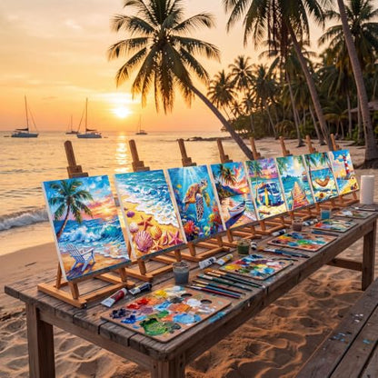 Cholemy 36 Pcs Paint and Sip Kit Gift for Adults 8''x10'',Seaside Scenery | Pre Drawn Canvas, Painting DIY Afro Acrylic Painting Kit, Wood Easel Brushes, Date Night Bulk, Summer Halloween Party - style: Seaside Scenery