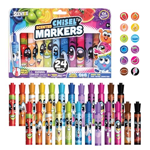Scentos Scented Chisel Tip Markers 24 Pack, With Fruit Scent, 12 Assorted Colors, Different Fruity Each, Washable Markers, Marker for Kids, for Posters and Science Fairs, Super Washable Ink. - size: 1 Count (Pack of 24)
