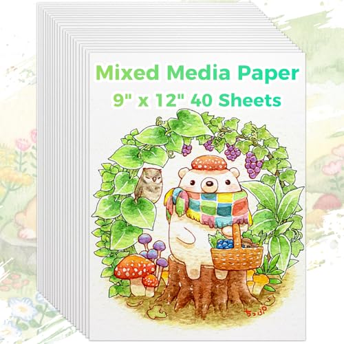Mixed Media Paper 9" x 12",40 Sheets Multipurpose White Loose Drawing Paper | 98 lb/160 gsm Heavyweight Art Paper for Sketching, Sketch Book, Gouache, Painting, Sketchbook, Drawing Pad Book, School - size: 9" x 12", 40 sheets, style: loose mixed media dra