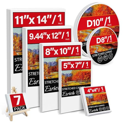 7 Pack Stretched Canvases for Painting, Multi Size 11x14, 9.44x12, 8x10, 5x7, 4x4, Round Canvas with 8x8, 10x10, Primed Blank Canvas for Oil, Acrylic Paint, Beginner, Artist - size: 7 Packs - 7 Sizes (1 of Each)