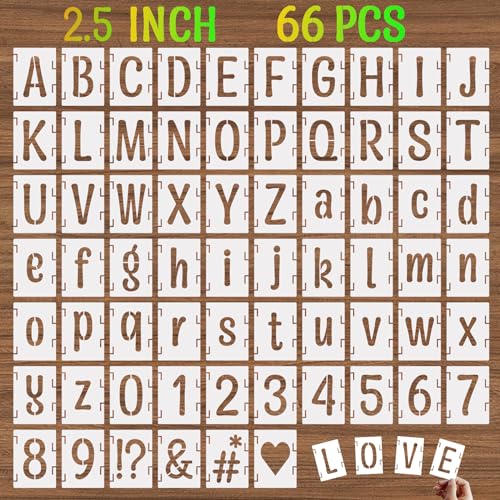 2.5 Inch Alphabet Letter Stencils, 66 Pcs Reusable Plastic Letter Number Symbol Interlocking Drawing Template Kit for Painting on Wood, Wall, Glass, Fabric, Signage, Door Porch - size: 2.5 Inch