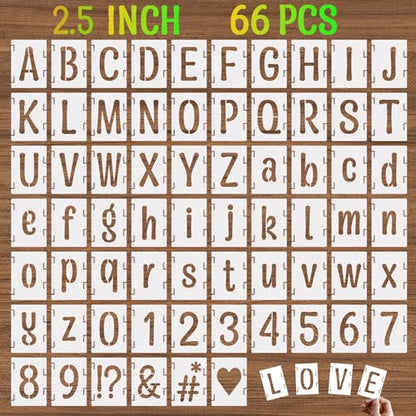 2.5 Inch Alphabet Letter Stencils, 66 Pcs Reusable Plastic Letter Number Symbol Interlocking Drawing Template Kit for Painting on Wood, Wall, Glass, Fabric, Signage, Door Porch - size: 2.5 Inch