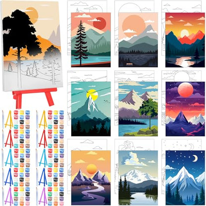 Blosssound 10 Set Pre Printed Canvas Pre Drawn Canvas Painting with Easel Kits 5" x 7" Outline Painting Panels for Beginners, DIY Craft Project, Party Favor, Home Decors(Sunset) - style: Sunset