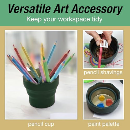 Faber-Castell Clic & Go Artist Water Cup, Dark Green - Travel-Friendly Collapsible Brush Cleaner Tool with Brush Stand, Scalloped Rim, Non-Slip Base, Portable Palette & Rinser - size: 1 Count (Pack of 1), style: Dark Green