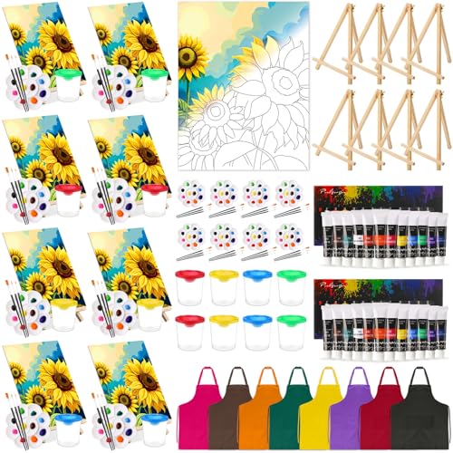 Cholemy 8 Set Paint and Sip Kit for Adults 8'' x 10'' Pre Drawn Canvas with Wooden Easels Acrylic Paint Brushes Wash Cup Palette Apron for Painting DIY Date Night Party Supplies(Sunflower) - style: Sunflower