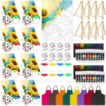 Cholemy 8 Set Paint and Sip Kit for Adults 8'' x 10'' Pre Drawn Canvas with Wooden Easels Acrylic Paint Brushes Wash Cup Palette Apron for Painting DIY Date Night Party Supplies(Sunflower) - style: Sunflower