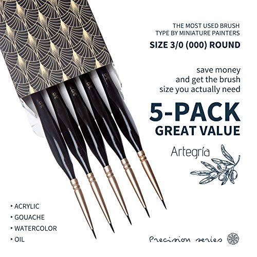 ARTEGRIA Detail Paint Brush Set, 5 Miniature Brushes, Size Round 3/0 (000)