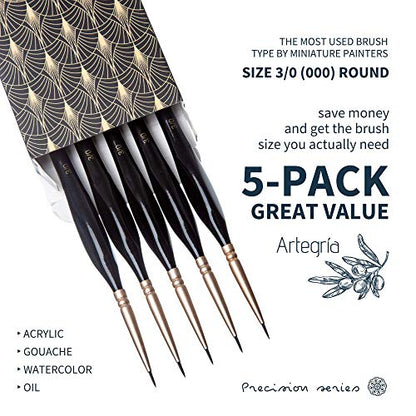ARTEGRIA Detail Paint Brush Set, 5 Miniature Brushes, Size Round 3/0 (000)