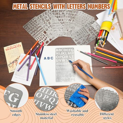 2PCS Stainless Steel Stencils Set for Engraving,Wood Burning - Reusable Alphabet Number Font Templates with Decorative Patterns for Metal,Wood,Leather,Glass,Journaling DIY Crafts (4x7 Inch) - size: 2PCS Alphabet Number Stencils