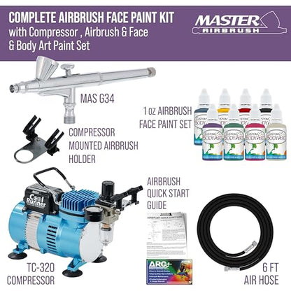 Master Airbrush Cool Runner II Airbrush Kit with Dual Fan Air Compressor, 8 Color Water-Based Face & Body Art Paint Set, Pro Gravity Airbrush & Washable Temporary Tattoo, How-to Guide
