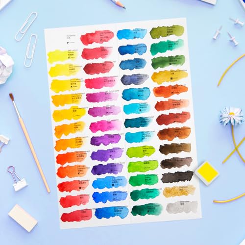 MeiLiang 52 Colors Watercolor Paint Set, Half Pans | Includes Pencil, Brushes, Paper, Sponge & Pens. Ideal for Adults, Travel, Blue Storage Box - style: Solid Watercolor 52 Color Blue Case