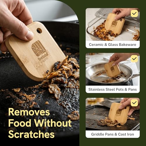 Bamboo Pot and Pan Scraper Set (3 Pcs) – Non-Scratch Cast Iron Cleaner & Dish Scraping Tool