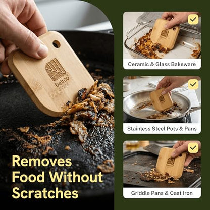 Bamboo Pot and Pan Scraper Set (3 Pcs) – Non-Scratch Cast Iron Cleaner & Dish Scraping Tool