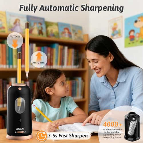 AFMAT Electric Pencil Sharpener, Auto in & Out, Fully Automatic Pencil Sharpener, Rechargeable Hands-Free Sharpeners for Jumbo & Colored Pencils (7-11.5mm), Good for Classroom/Home/Office PSC8(Black) - color: Black