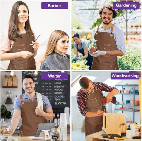 Chef Apron with Cross Back Straps for Men Women, Cotton Canvas Apron for Artists Painting, Kitchen Cooking - color: Brown, 6pack