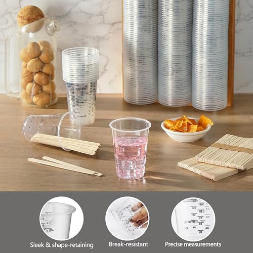 200PCS Resin Epoxy Mixing Cups, HIA 8oz Clear Plastic Paint Measuring Cups with 200pcs Wooden Stirring Sticks for Epoxy Resins, Mixing Paint, Pigments, Resins