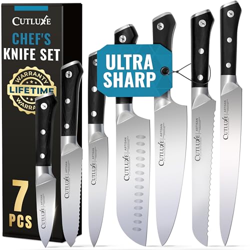 Cutluxe Chef Knife Set, 7-Piece Kitchen Knives – Razor Sharp German Steel | Professional Full Tang Blades with Ergonomic Handles – Artisan Series, Forged High Carbon - size: 7 Pcs Knife Set